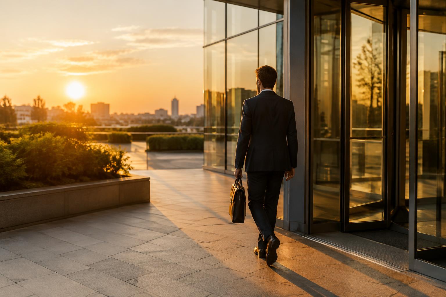Professional leaving a modern office at golden hour