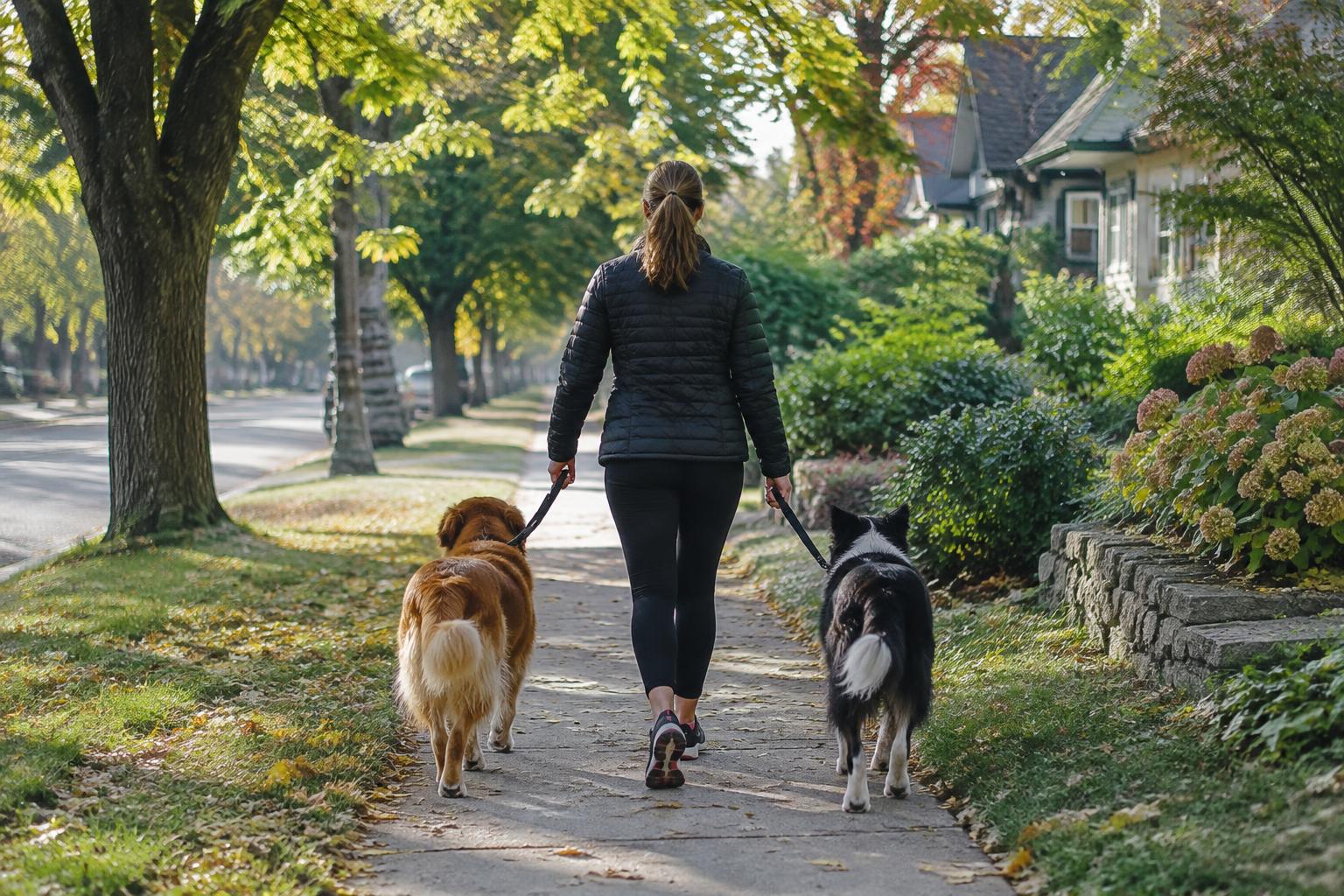 Dog walker in a leafy neighborhood